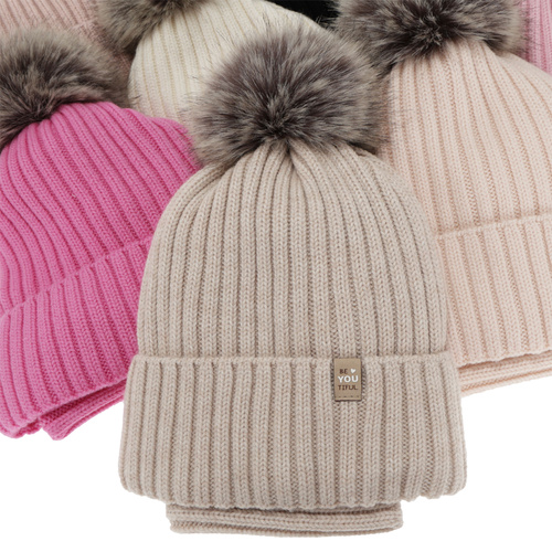 Set invernale bambina (berretto e scaldacollo), 100% Lana Merino, foderato in cotone, con pompon, nero, Terida