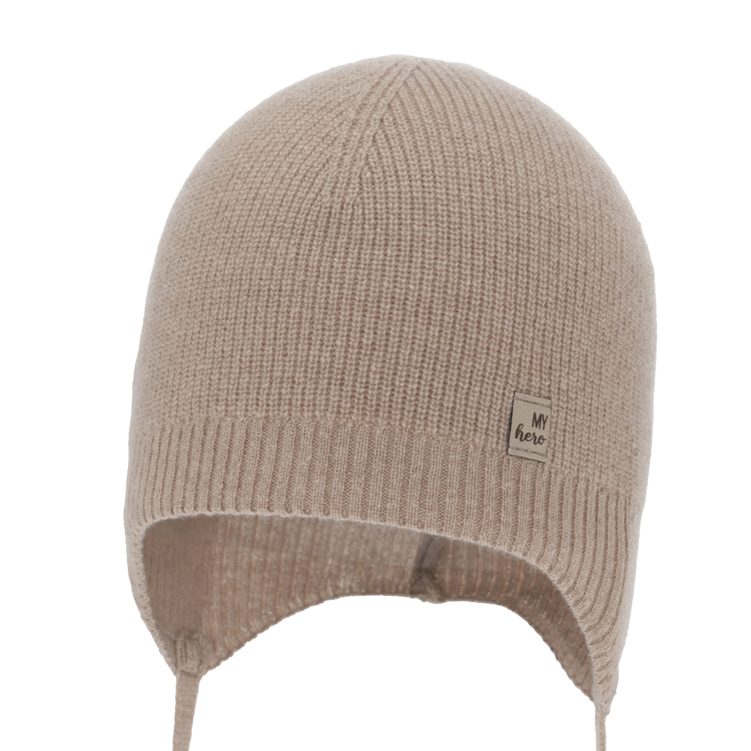 Berretto autunno/primavera bambino, color beige scuro, lana merino con cashmere, con lacci, Tono