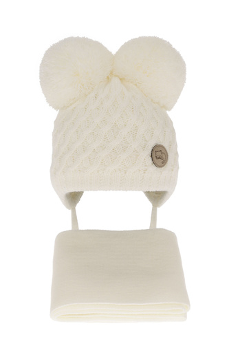 Set invernale bambina: berretto e sciarpa, crema, con due pon pon, con lacci, Anava