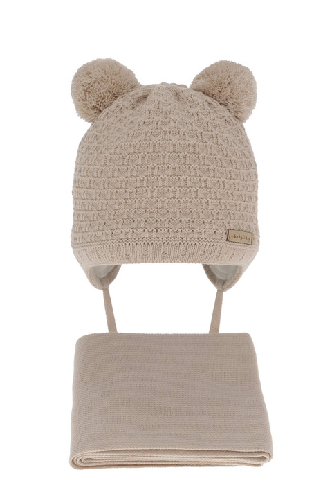 Set invernale bambino: berretto e sciarpa, beige, con due pon pon, Franki