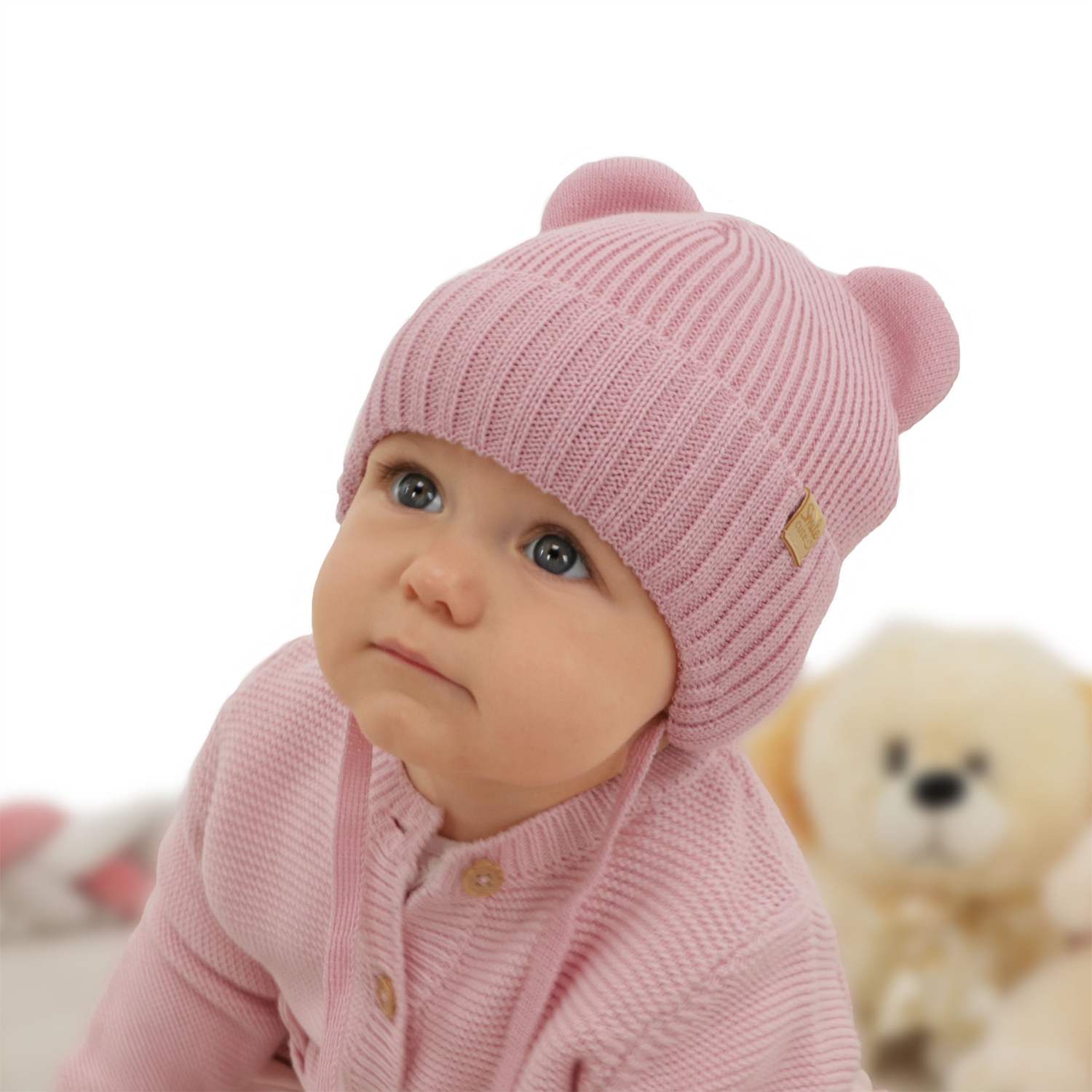 Berretto invernale bambina, beige, con lacci, 100% Lana Merino, Shira