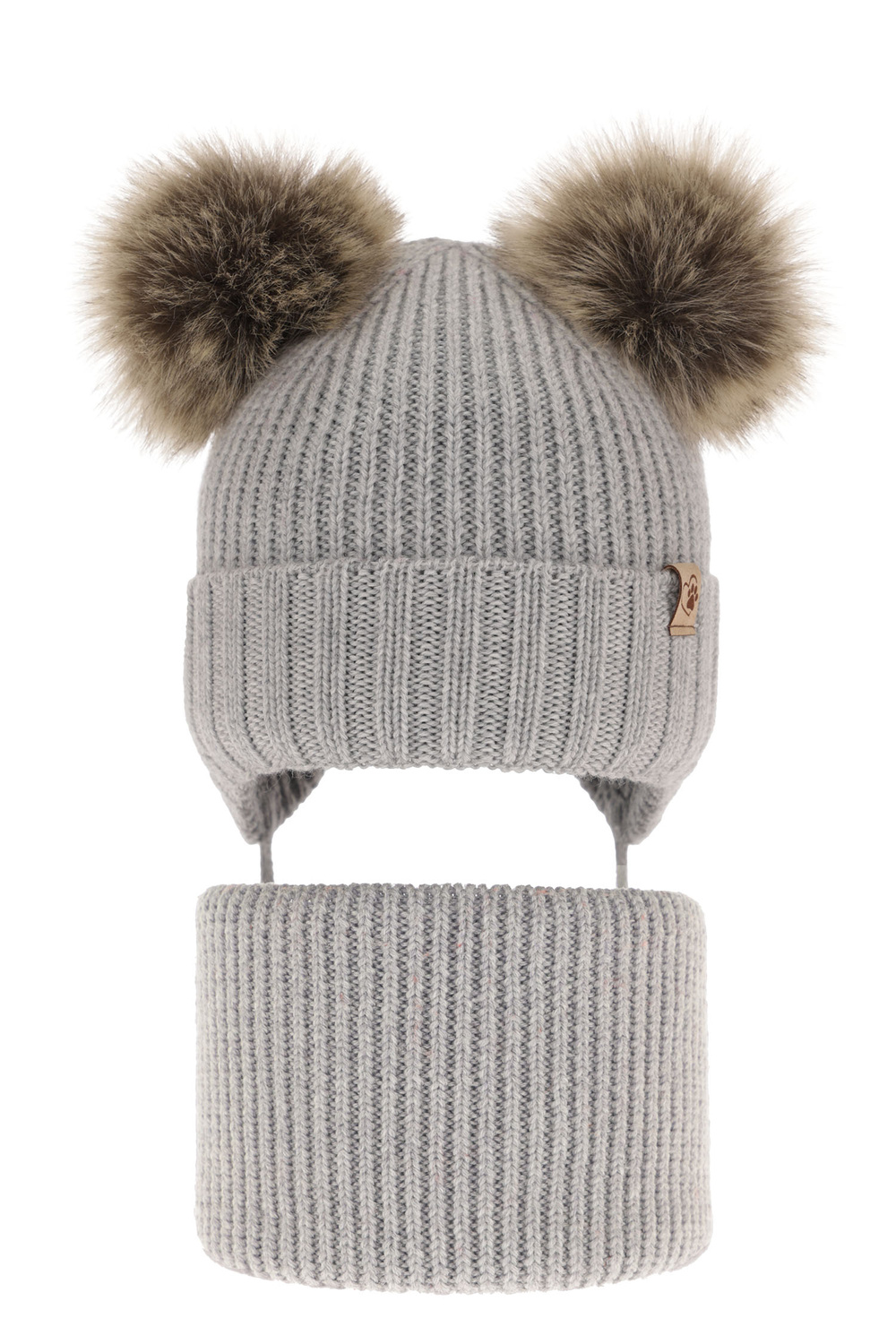 Set invernale bambina: berretto e scaldacollo, grigio, con due pon pon, 100% Lana Merino, Silvia