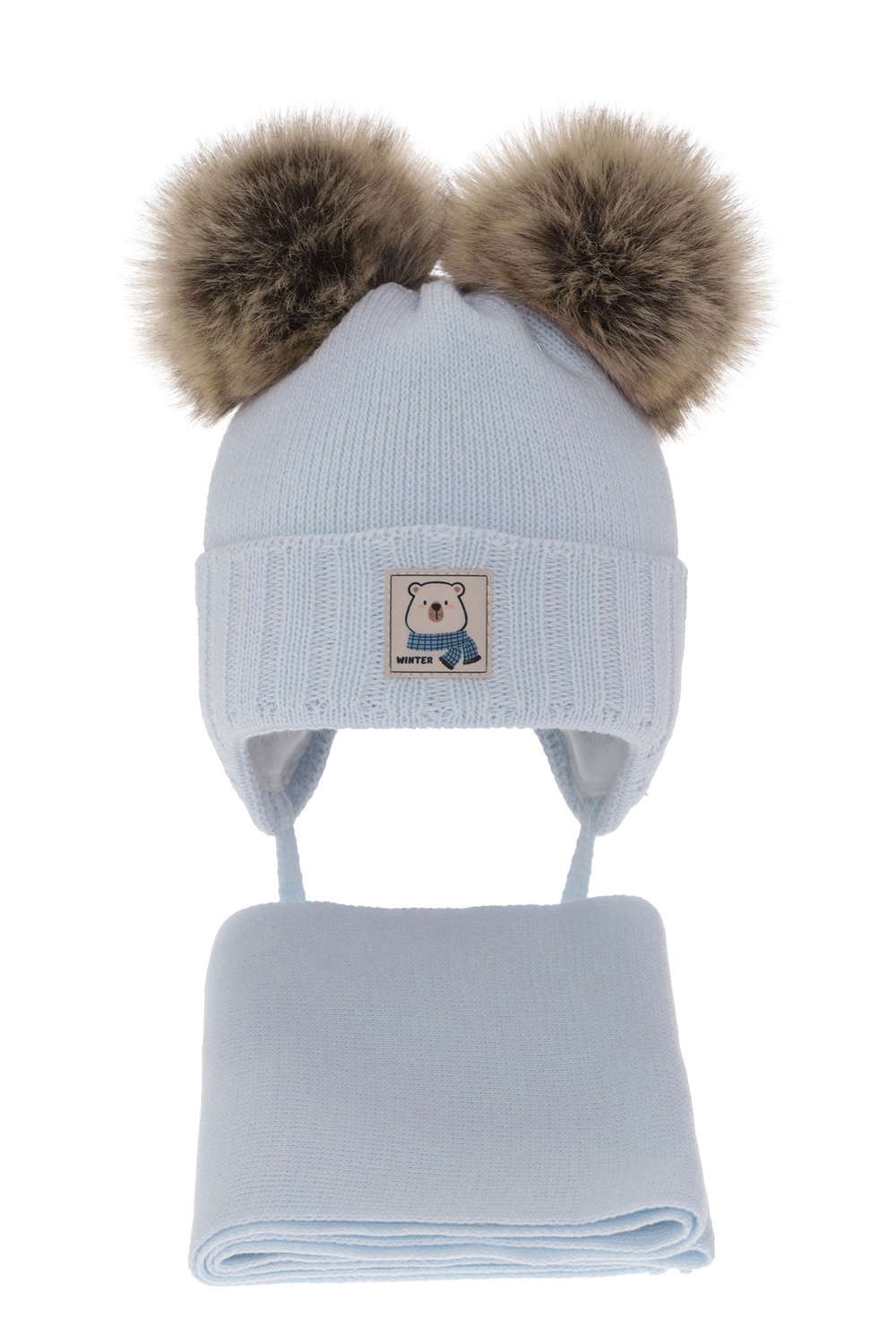 Set invernale bambino: berretto e sciarpa, azzurro, con due pon pon, con lacci, Jewel