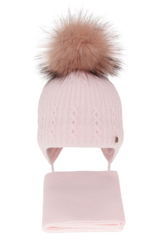 Set invernale bambina: berretto e sciarpa, rosa, con pompon, Amana
