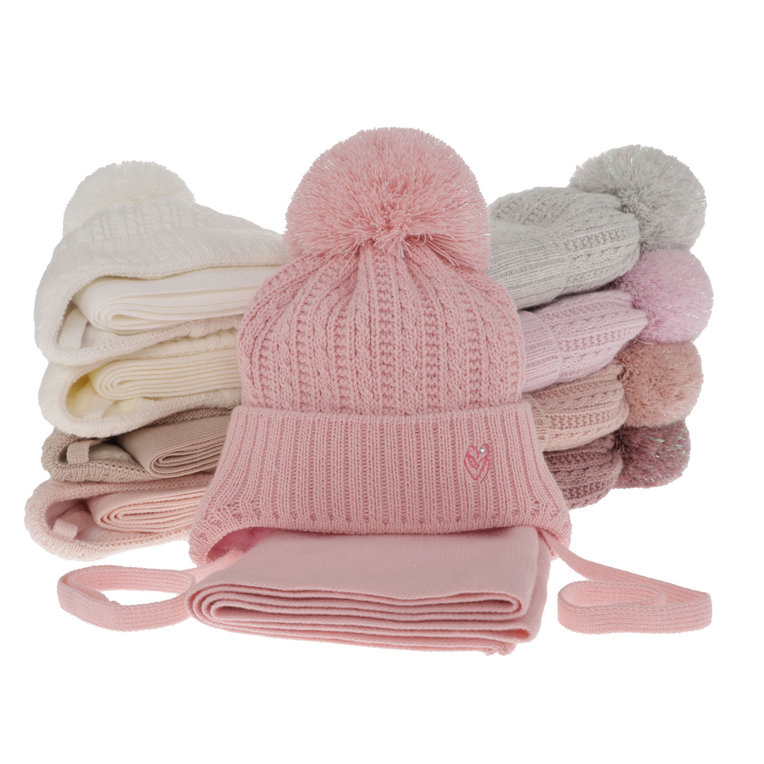 Set invernale bambina: berretto e sciarpa, viola, con lacci, con pompon, Marisa