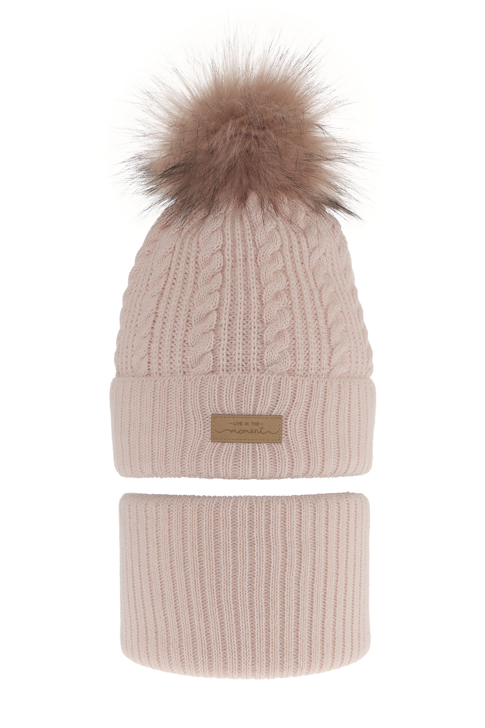 Set invernale bambina: berretto e scaldacollo, rosa, con pompon, Alika