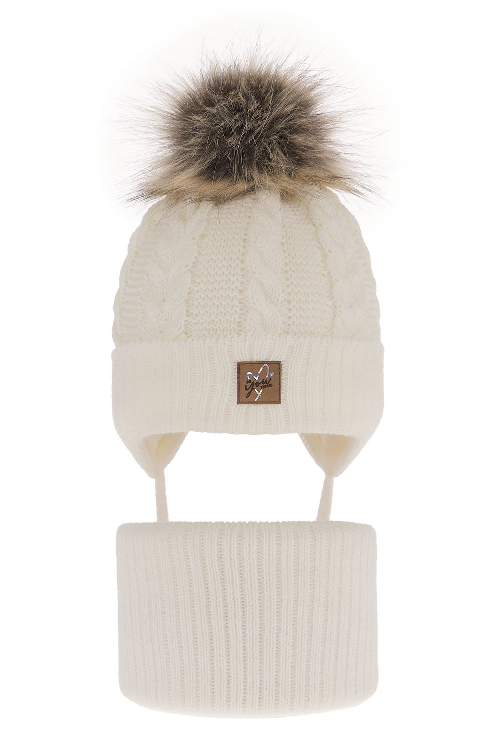 Set invernale bambina: berretto e scaldacollo, crema, con pompon, Finess