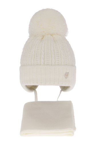 Set invernale bambina: berretto e sciarpa, crema, con lacci, con pompon, Marisa