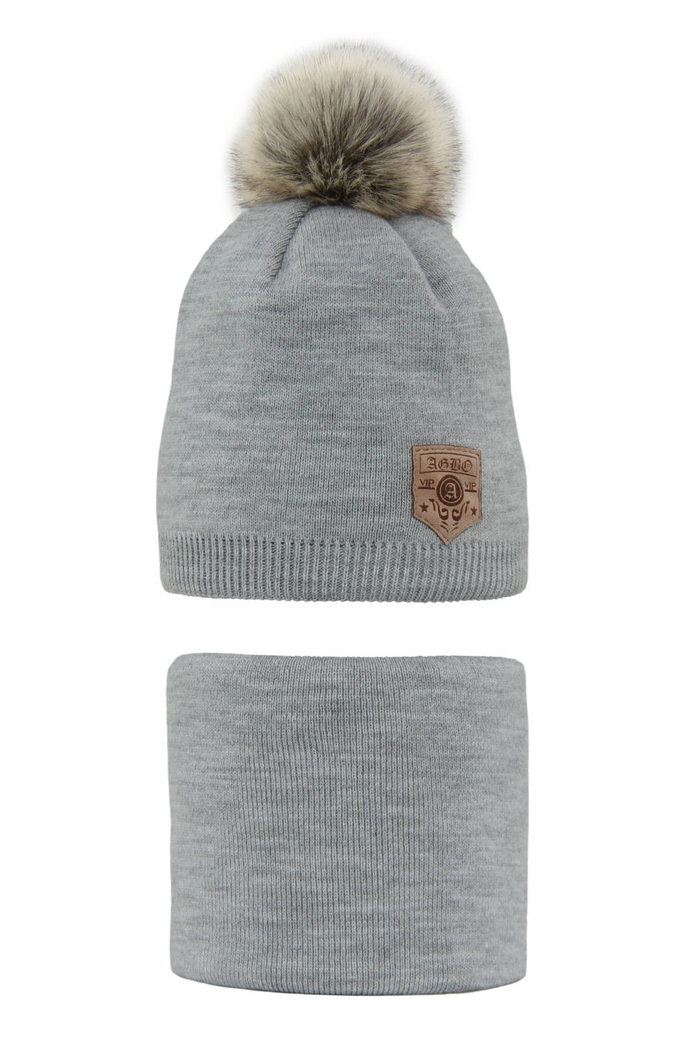 Set invernale bambino: berretto e scaldacollo, grigio, con pompon, Apolin