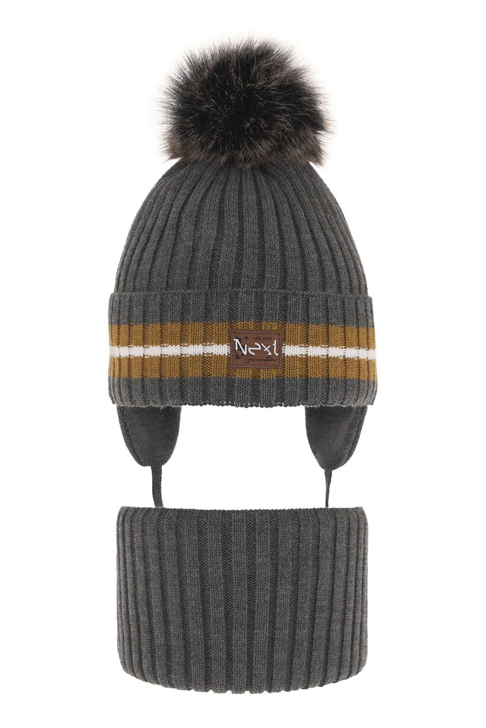 Set invernale bambino: berretto e scaldacollo, grigio, con pompon, Echo