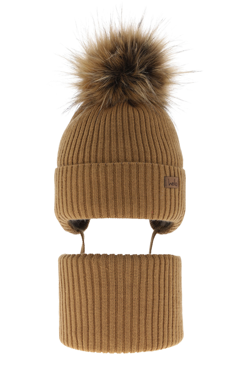 Set invernale bambino: berretto e scaldacollo, camel, con pompon, con lacci, Bergo
