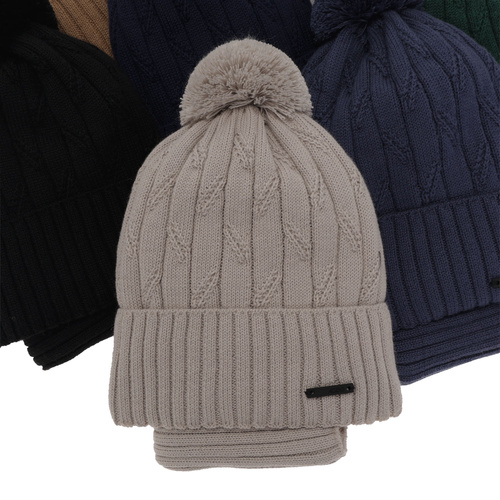 Set invernale bambino: berretto e scaldacollo, marrone, con pompon, 100% Lana Merino, Talar