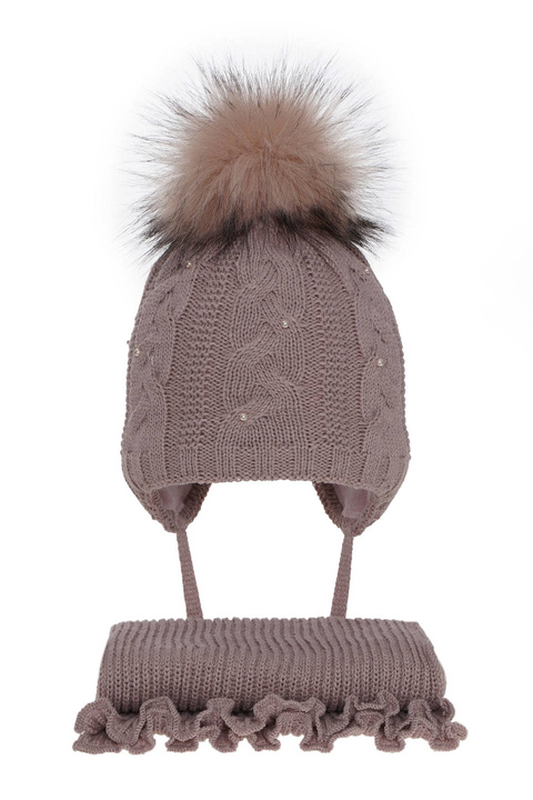 Set invernale bambina: berretto e sciarpa, lilla, con pompon, Mirella
