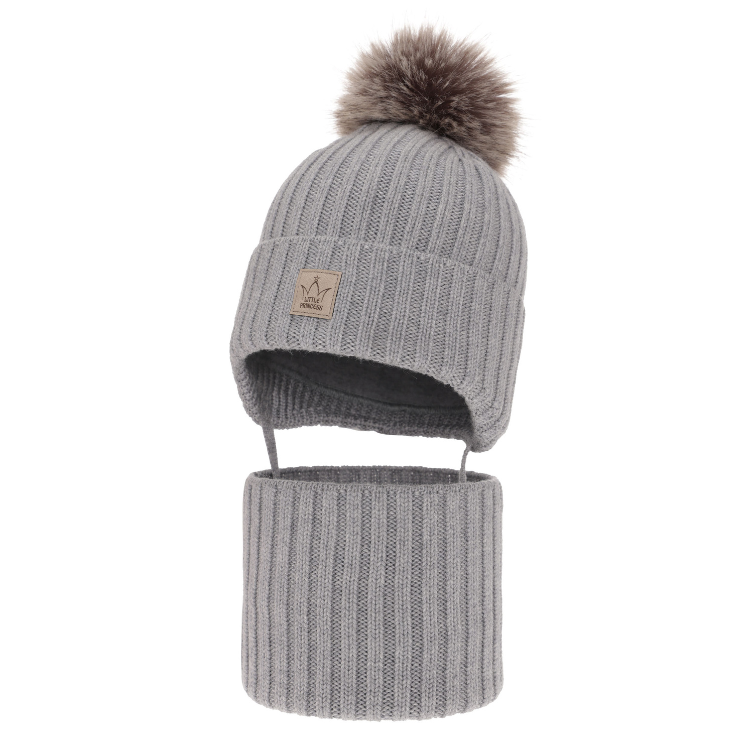 Set invernale bambina: berretto e scaldacollo, grigio, 100% Lana Merino, con lacci, foderato in pile, Martina