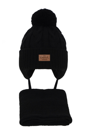 Set invernale bambino: berretto e sciarpa, nero, con pompon, con lacci, Remix