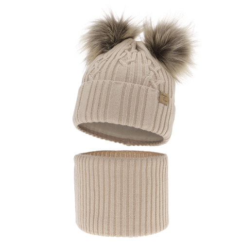 Set invernale bambina: berretto e scaldacollo, beige, con due pon pon, Sierra