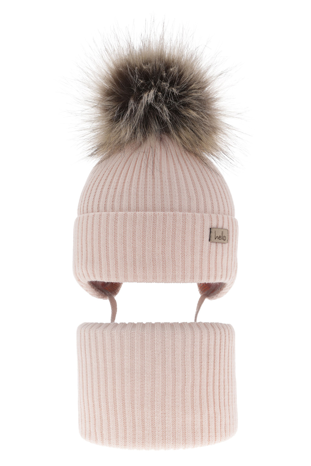 Set invernale bambina: berretto e scaldacollo, rosa chiaro, con pompon, con lacci, Bria
