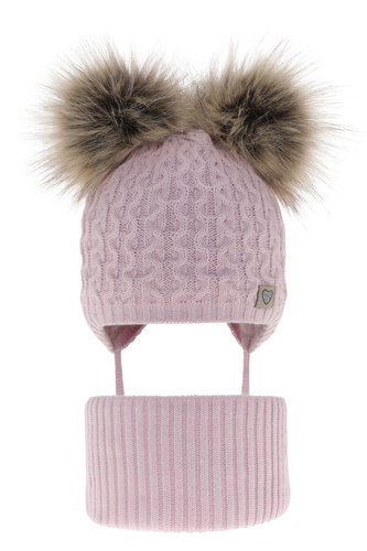 Set invernale bambina: berretto e scaldacollo, lilla, con due pon pon, con lacci, Poliana