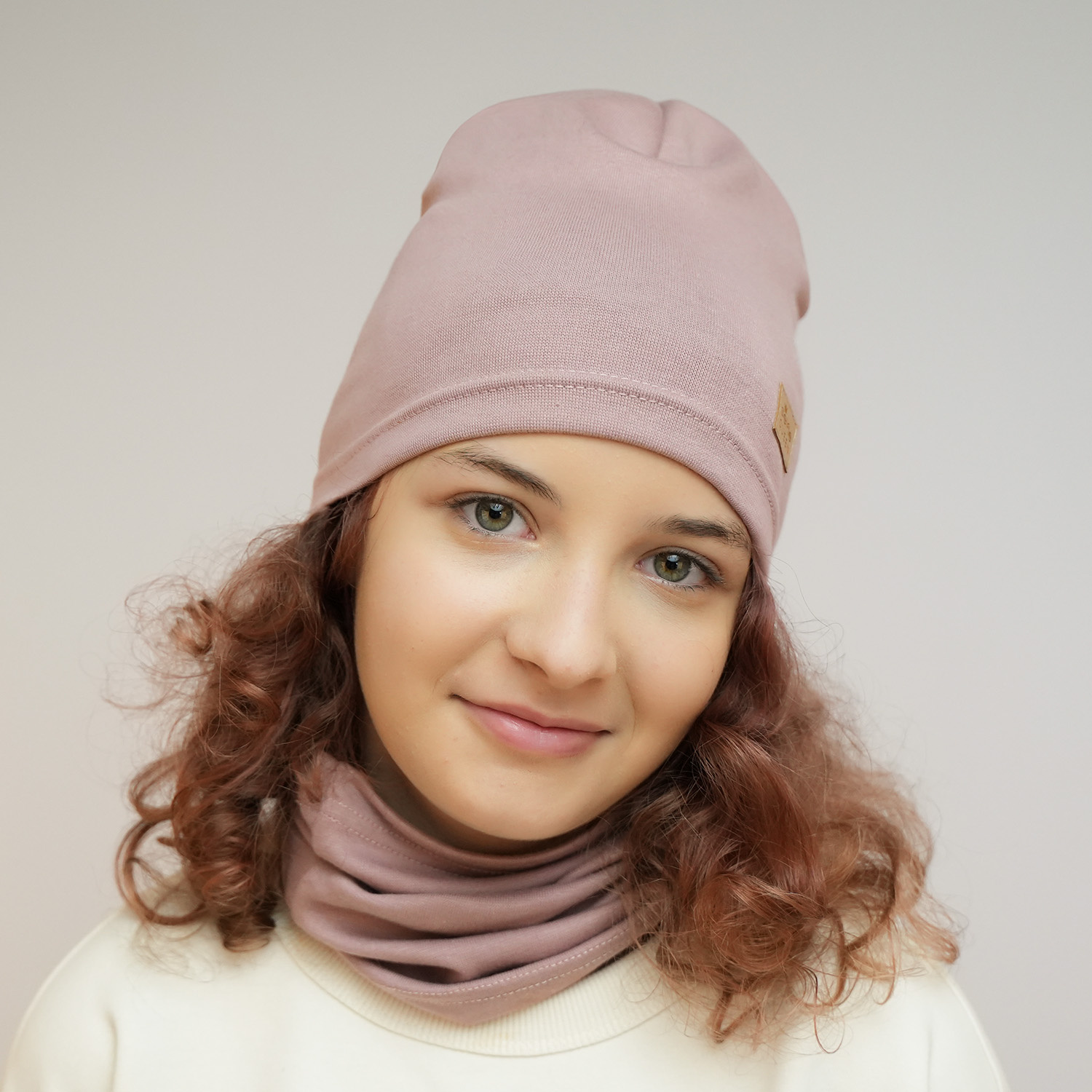 Set autunno/primavera bambina: berretto e scaldacollo, rosa, in cotone, Selfie