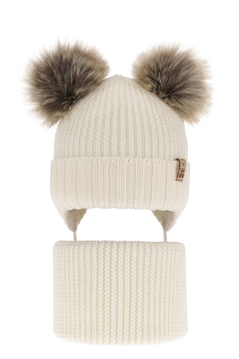 Set invernale bambino: berretto e scaldacollo, crema, con lacci, 100% Lana Merino, Konor