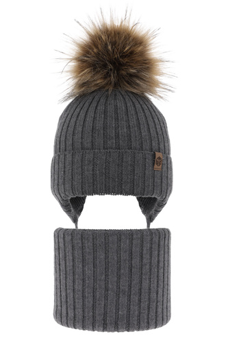 Set invernale bambino: berretto e scaldacollo, grigio, 100% Lana Merino, con lacci, Juno