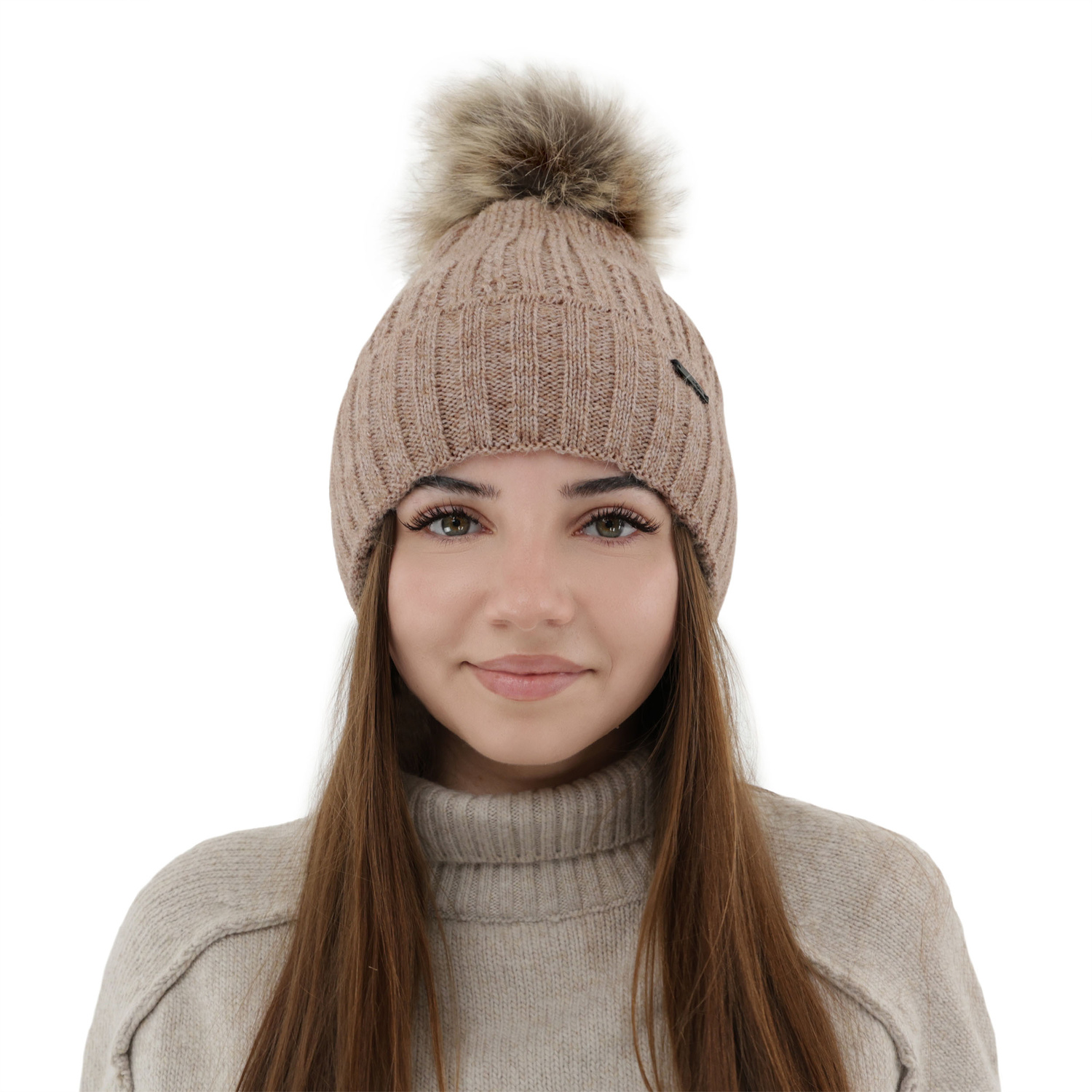 Berretto invernale donna, beige, con pompon, Karizma