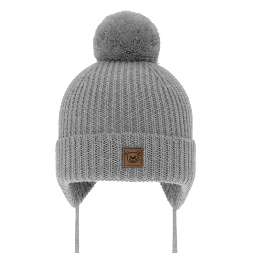 Berretto invernale bambino, grigio, 100% Lana Merino, foderato in pile, con lacci, Tacco