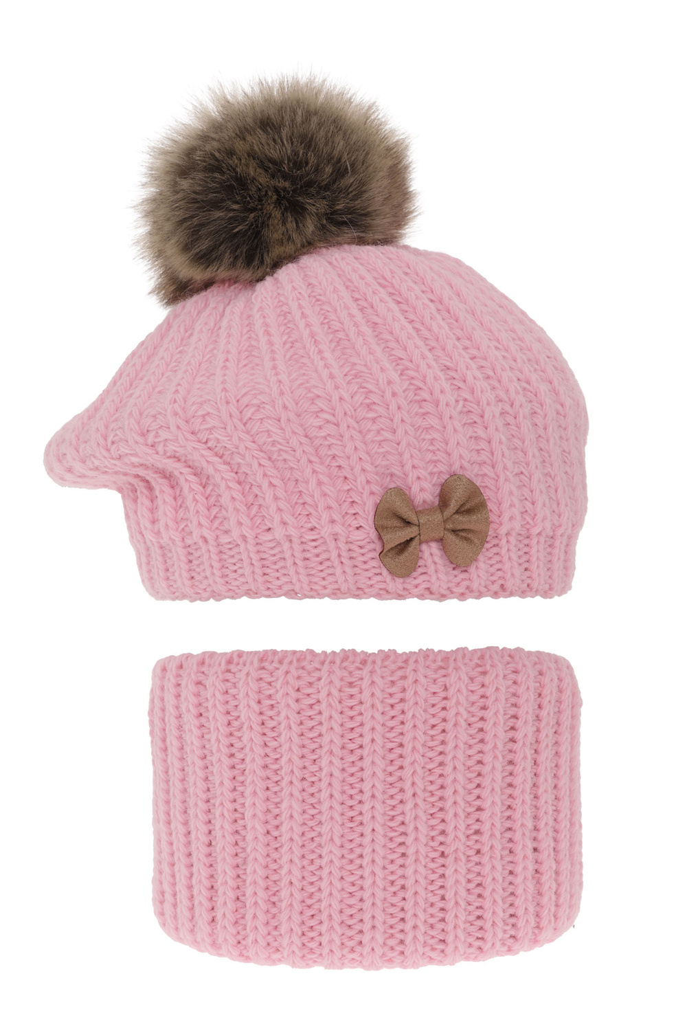 Set invernale bambina: berretto e scaldacollo, rosa, con pompon, Polinezja