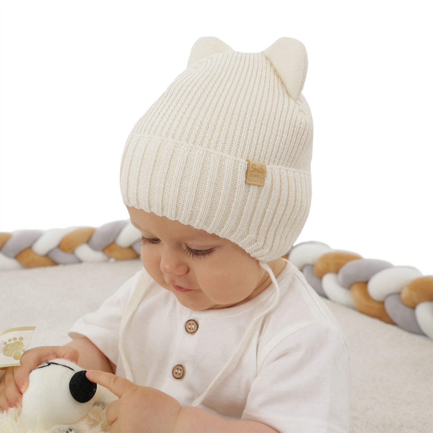 Berretto invernale bambino, beige, con lacci, 100% Lana Merino, Shedon