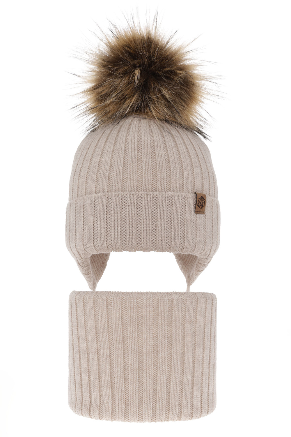 Set invernale bambino: berretto e scaldacollo, beige, 100% Lana Merino, con lacci, Juno