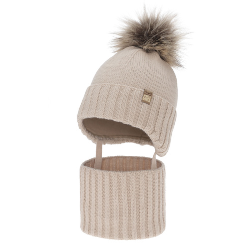Set invernale bambina (berretto e scaldacollo), beige, con pompon, Primula