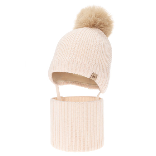 Set invernale bambina (berretto e scaldacollo), rosa chiaro, 100% Lana Merino, foderato in pile di lana, con lacci Danielle