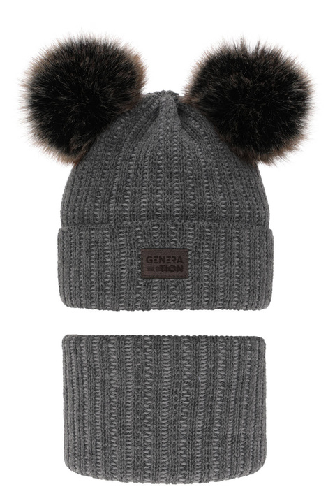 Set invernale bambino: berretto e scaldacollo, grigio, con due pon pon, Tokio