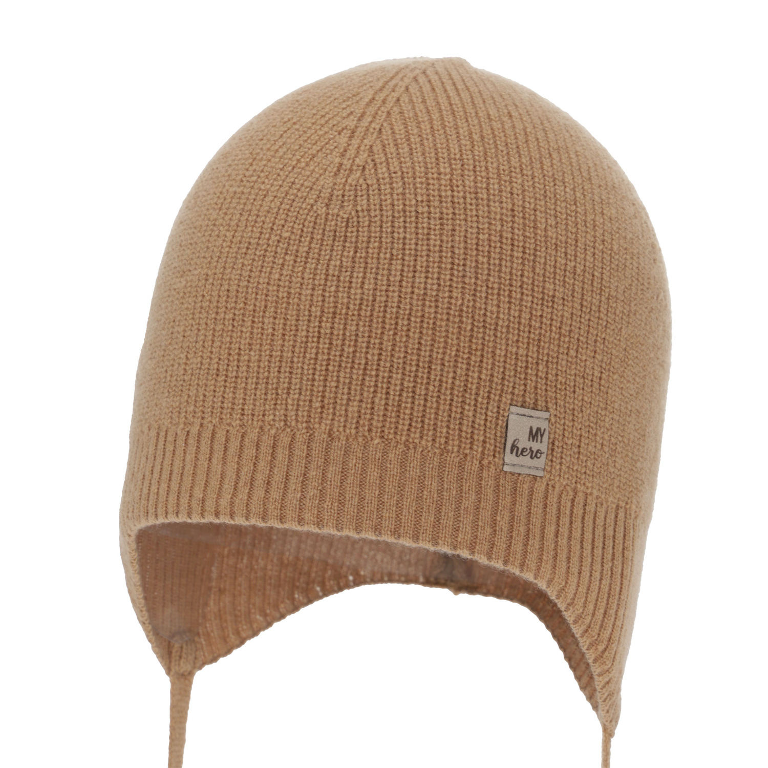 Berretto autunno/primavera bambino, camel, lana merino con cashmere, con lacci, Tono