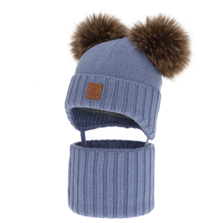 Set cappello e scaldacollo bambino, invernale, blu, 100% lana merino, foderato pile di lana, Ronik