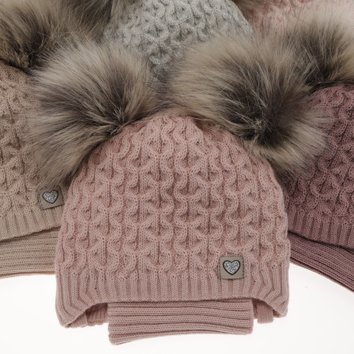Set invernale bambina: berretto e scaldacollo, crema, con due pon pon, con lacci, Poliana