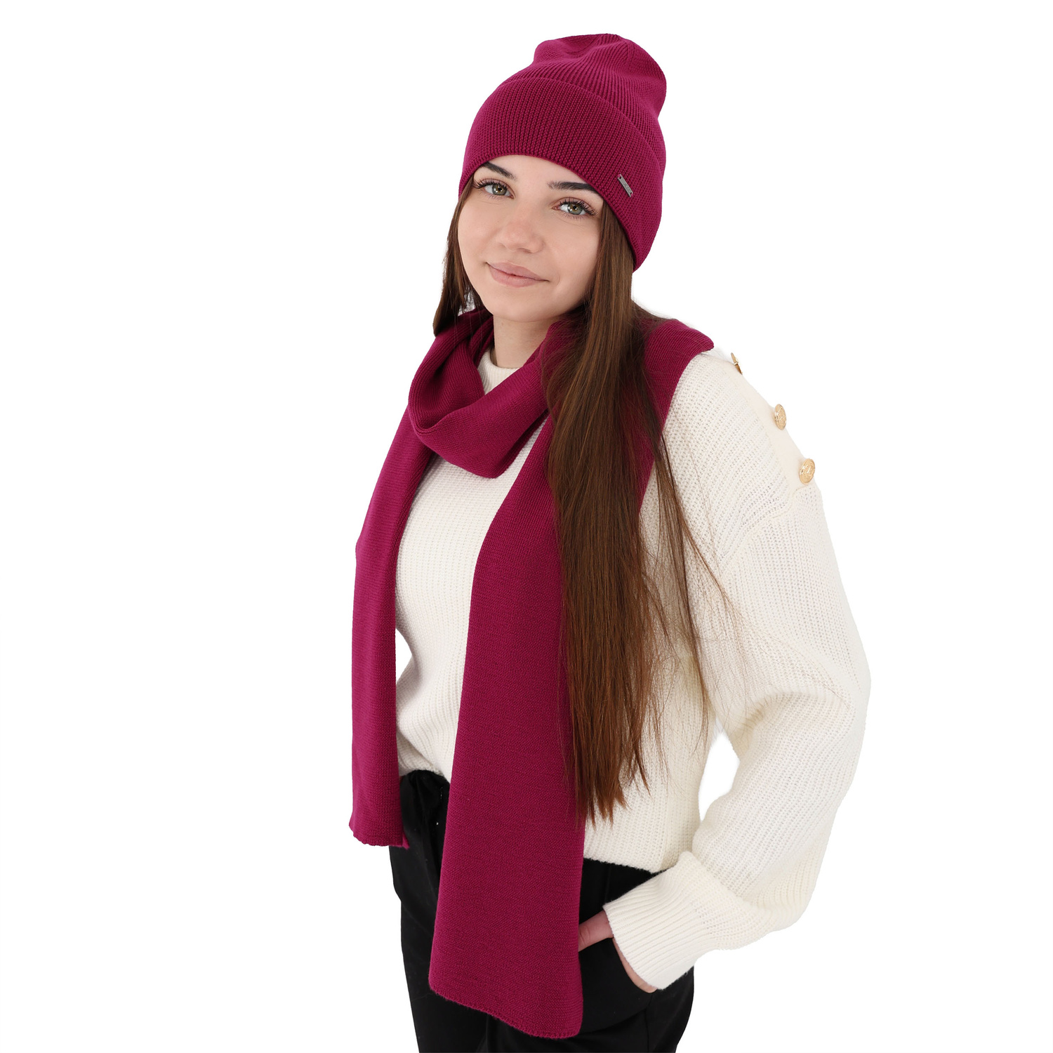 Set invernale donna: berretto e sciarpa, rosa, 100% Lana Merino, Melpomena