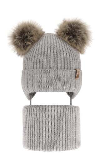 Set invernale bambino: berretto e scaldacollo, grigio, con lacci, 100% Lana Merino, Konor