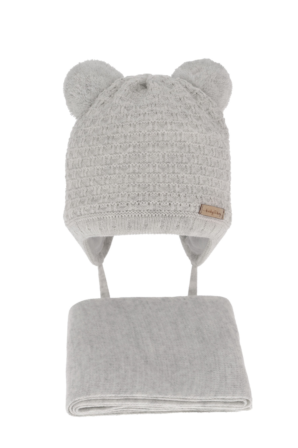 Set invernale bambino: berretto e sciarpa, grigio, con due pon pon, con lacci, Franki