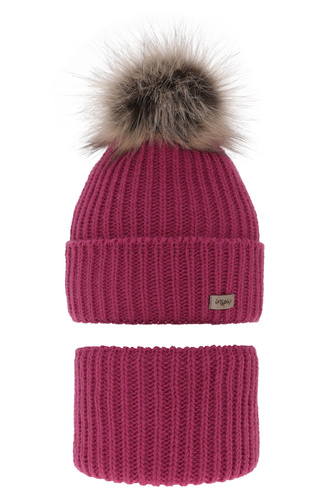 Set invernale bambina: berretto e scaldacollo, rosa, con pompon, Willow