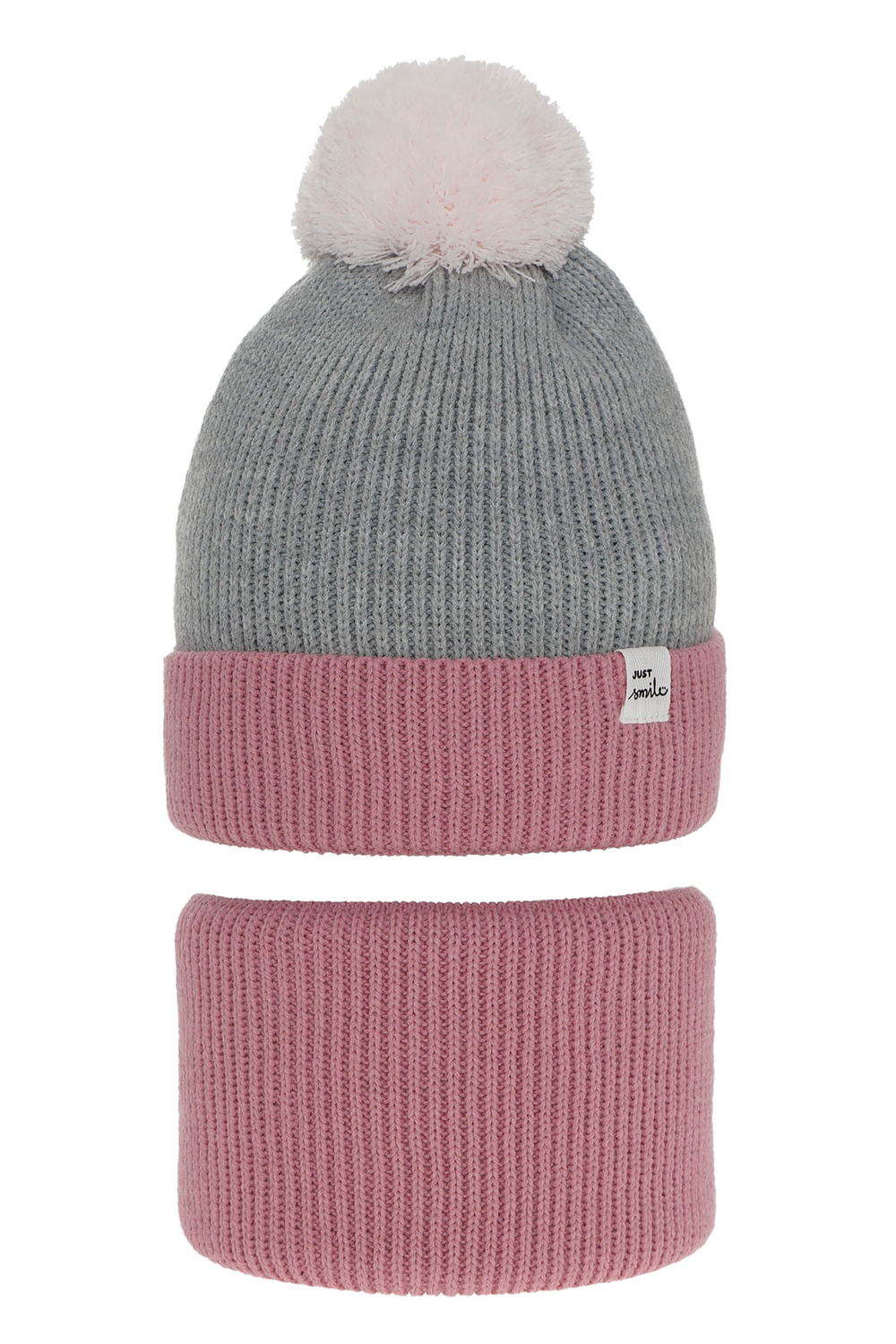 Set invernale bambina: berretto e scaldacollo, rosa, con pompon, Rosalin