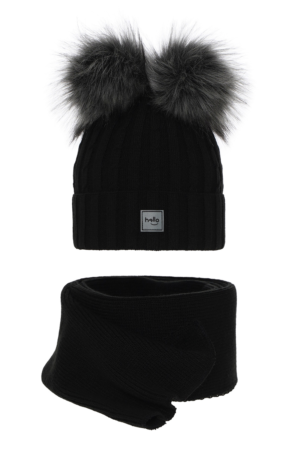 Set invernale bambina: berretto e sciarpa, nero, con due pon pon, Zenda