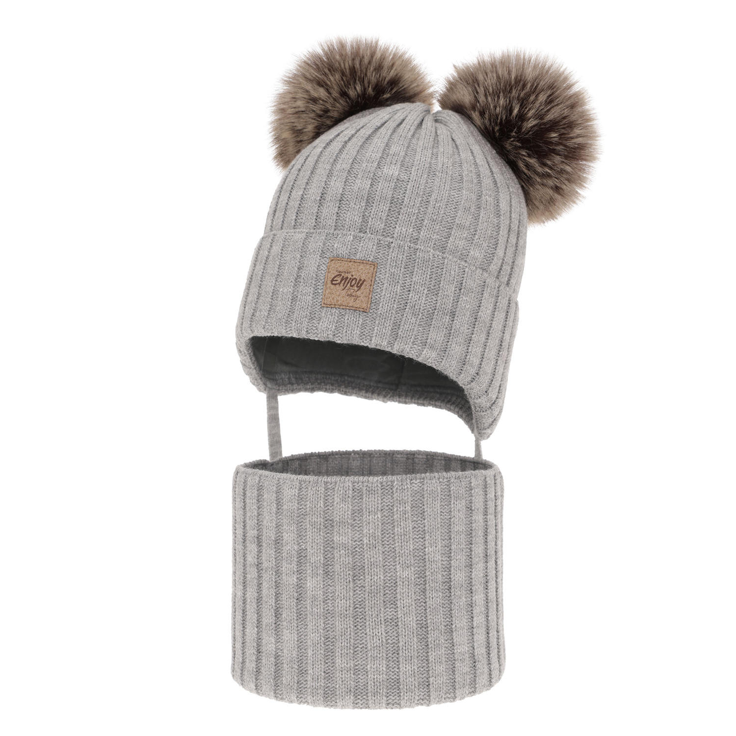 Set invernale bambino: berretto e scaldacollo, grigio, con due pon pon, con lacci, Orange