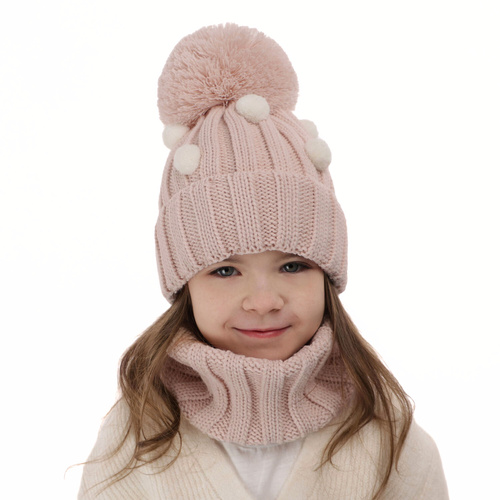 Set invernale bambina: berretto e scaldacollo, rosa chiaro, con pompon, Hekate