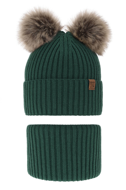 Set invernale bambino: berretto e scaldacollo, verde, con due pon pon, Oxford