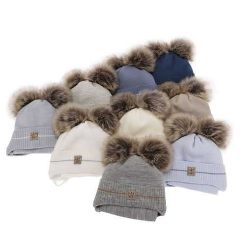 Set invernale bambino: berretto e sciarpa, blu scuro, con due pon pon, con lacci, Melon