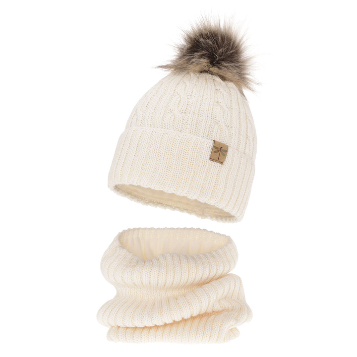 Set invernale bambina: berretto e scaldacollo, crema, con pompon, 100% Lana Merino, Aprilia