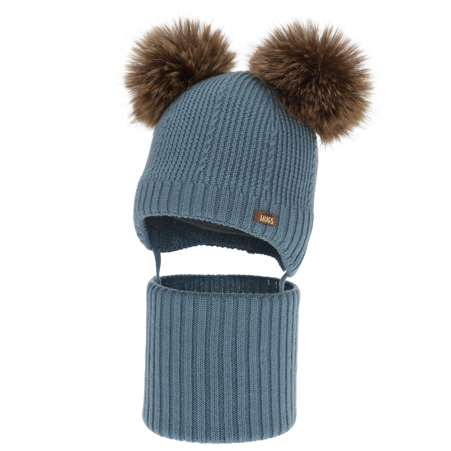 Set cappello e scaldacollo bambino, invernale, blu, 100% lana merino, foderato pile di lana, Lumio