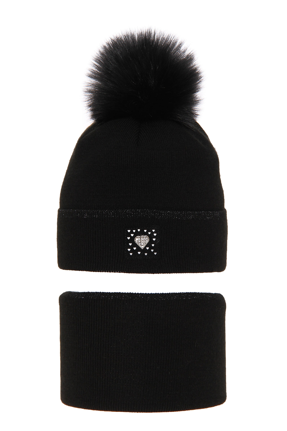 Set invernale bambina: berretto e scaldacollo, nero, con pompon, Sendi