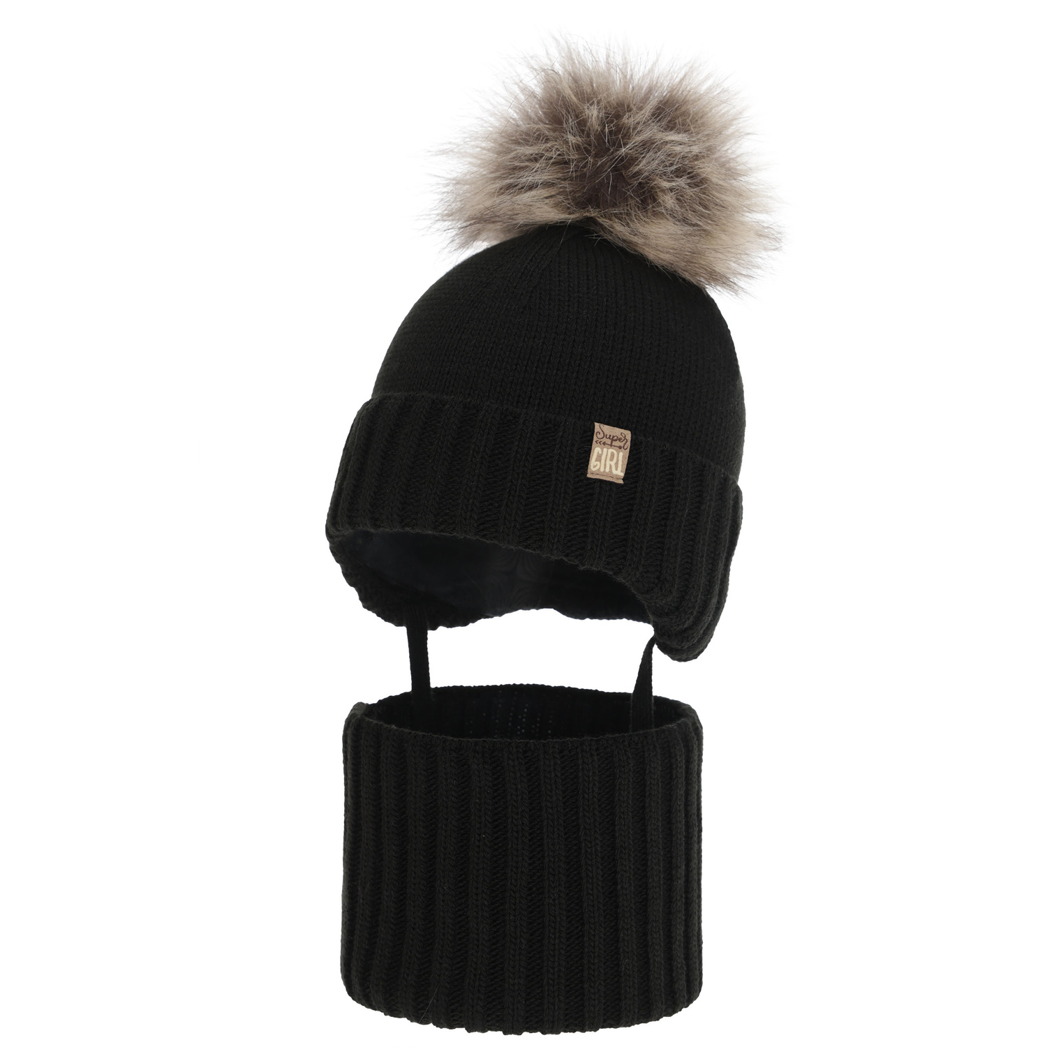 Set invernale bambina (berretto e scaldacollo), nero, con pompon, Primula